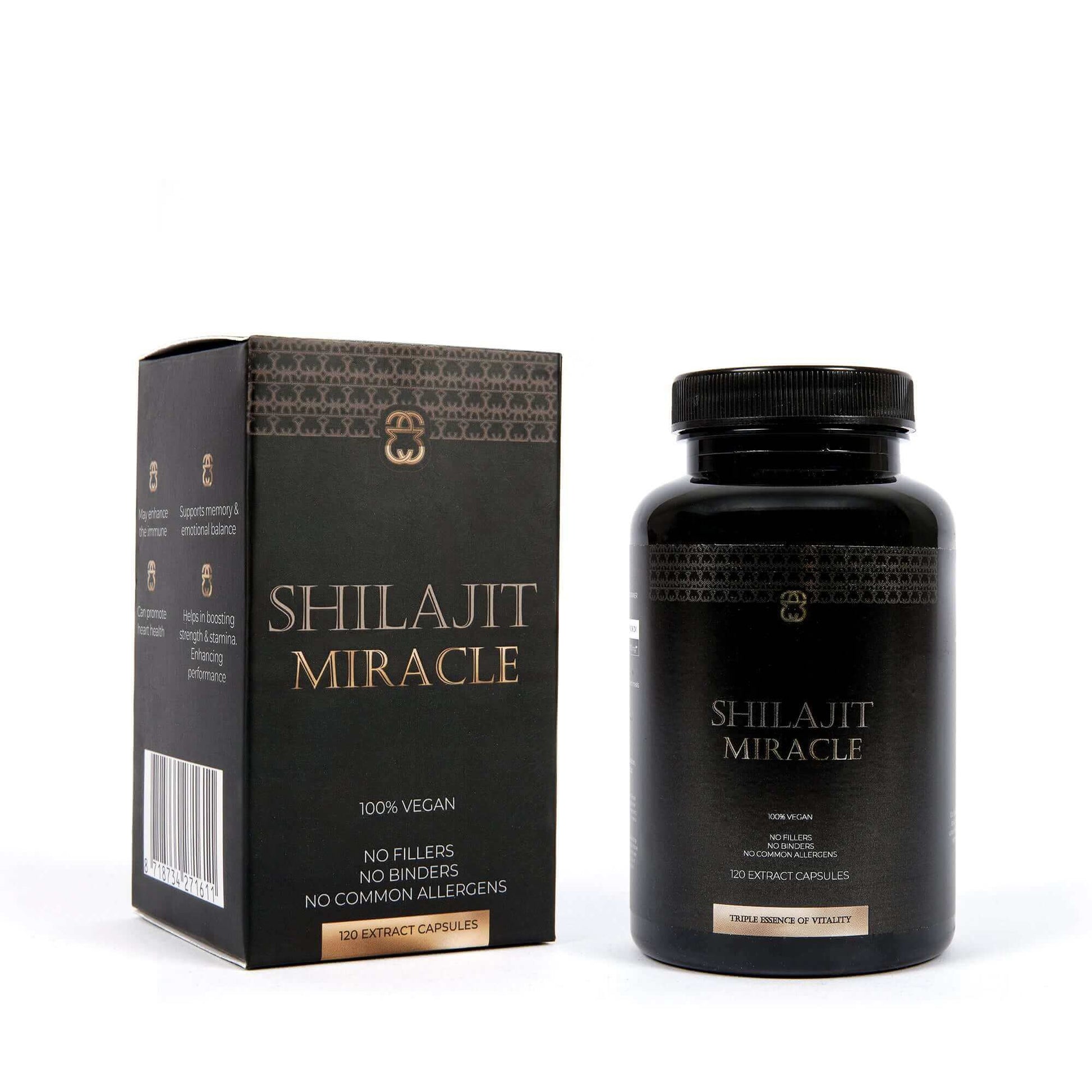 Front view of a 120 pieces Shilajit Capsule Bottle with the packaging box