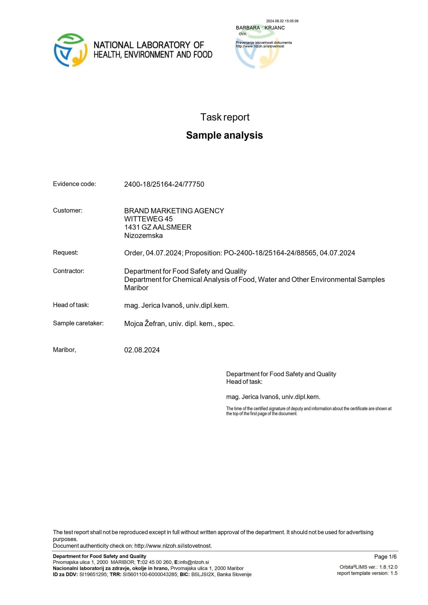 Cover of the lab results concluded by the national laboratory of health environment and food