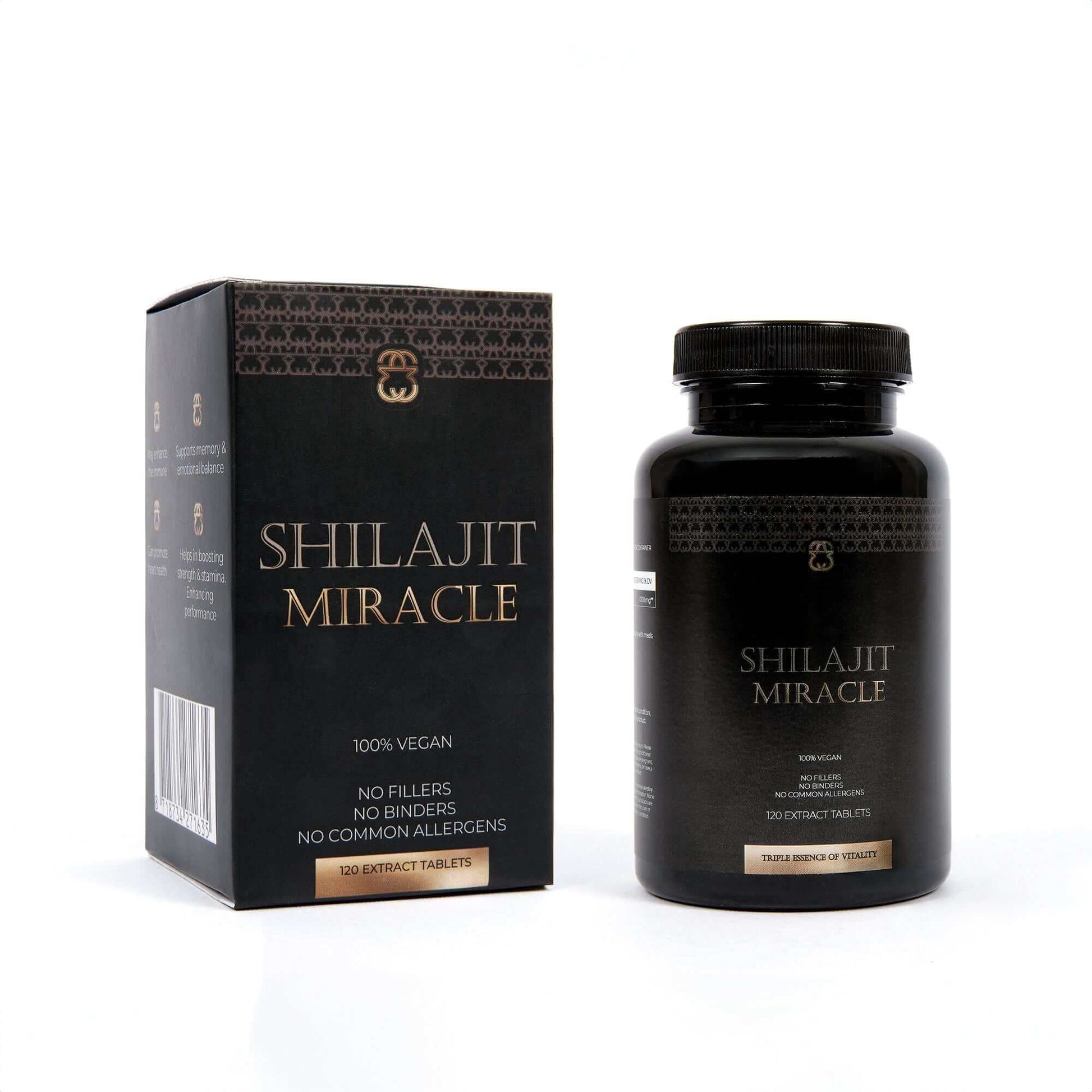 Front view of a 120 pieces Shilajit Tablets Bottle with the packaging box